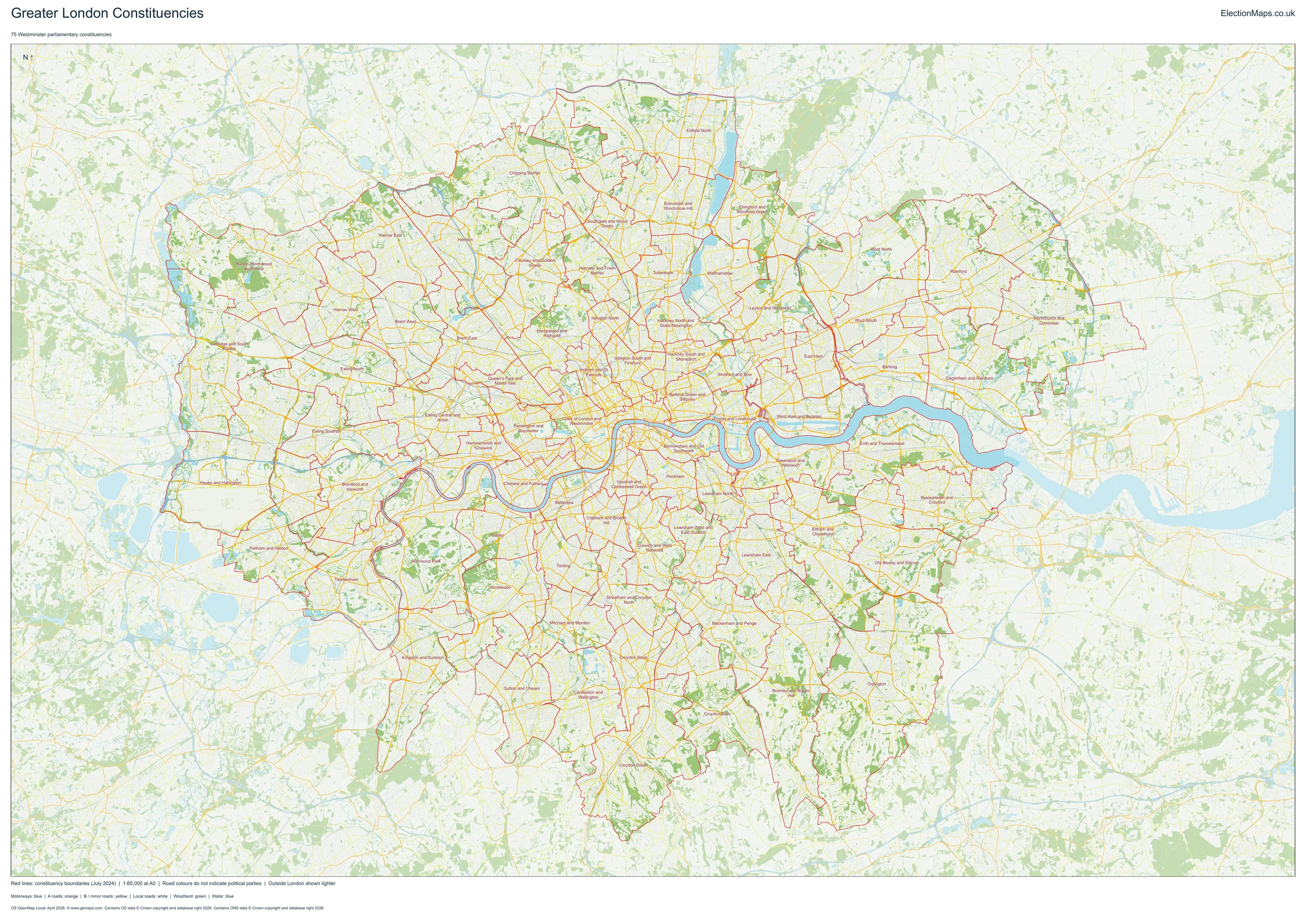 Greater London parliamentary constituency boundaries on a road map, with the River Thames and green spaces