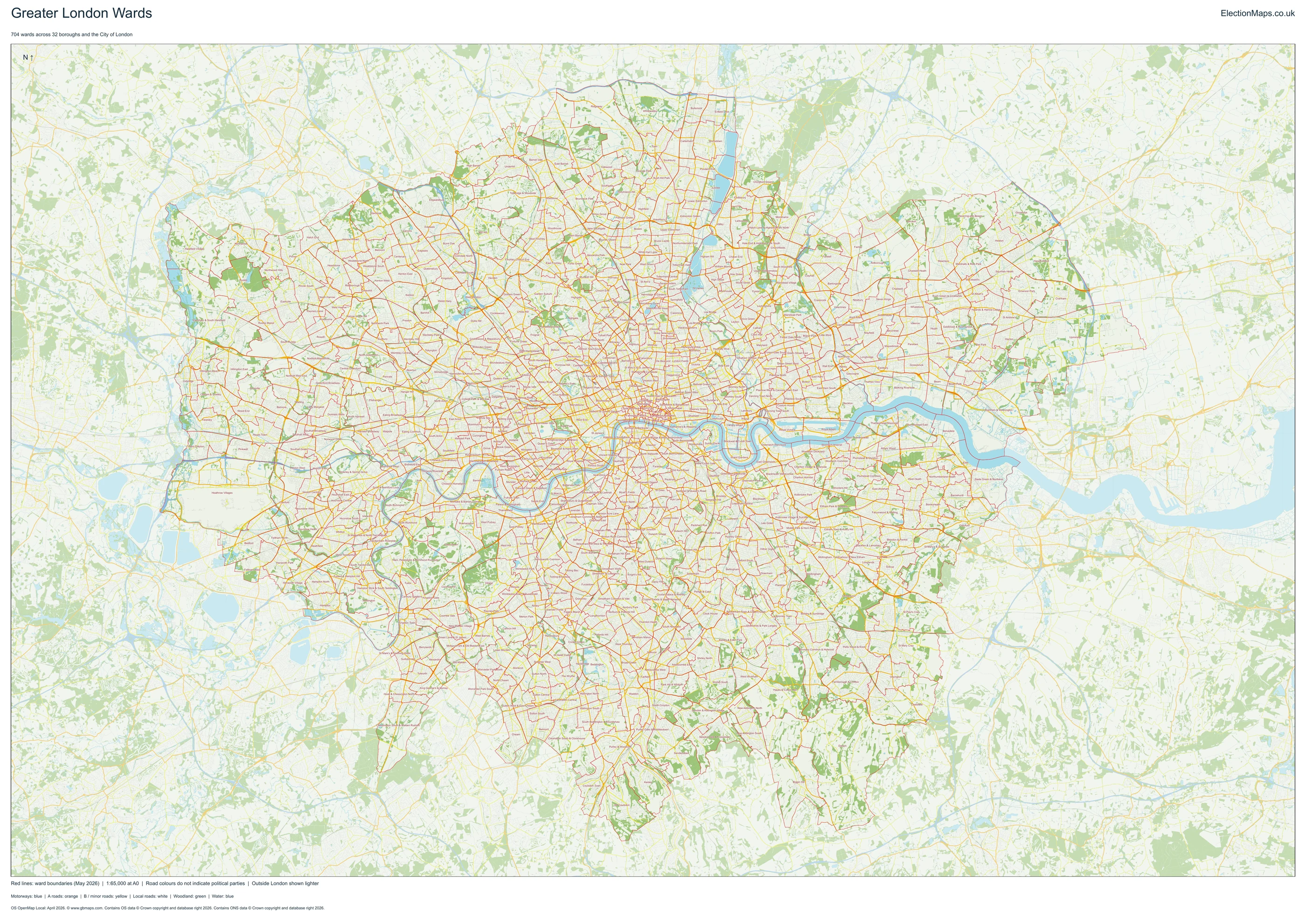 Greater London ward boundaries on a road map, with the River Thames and green spaces