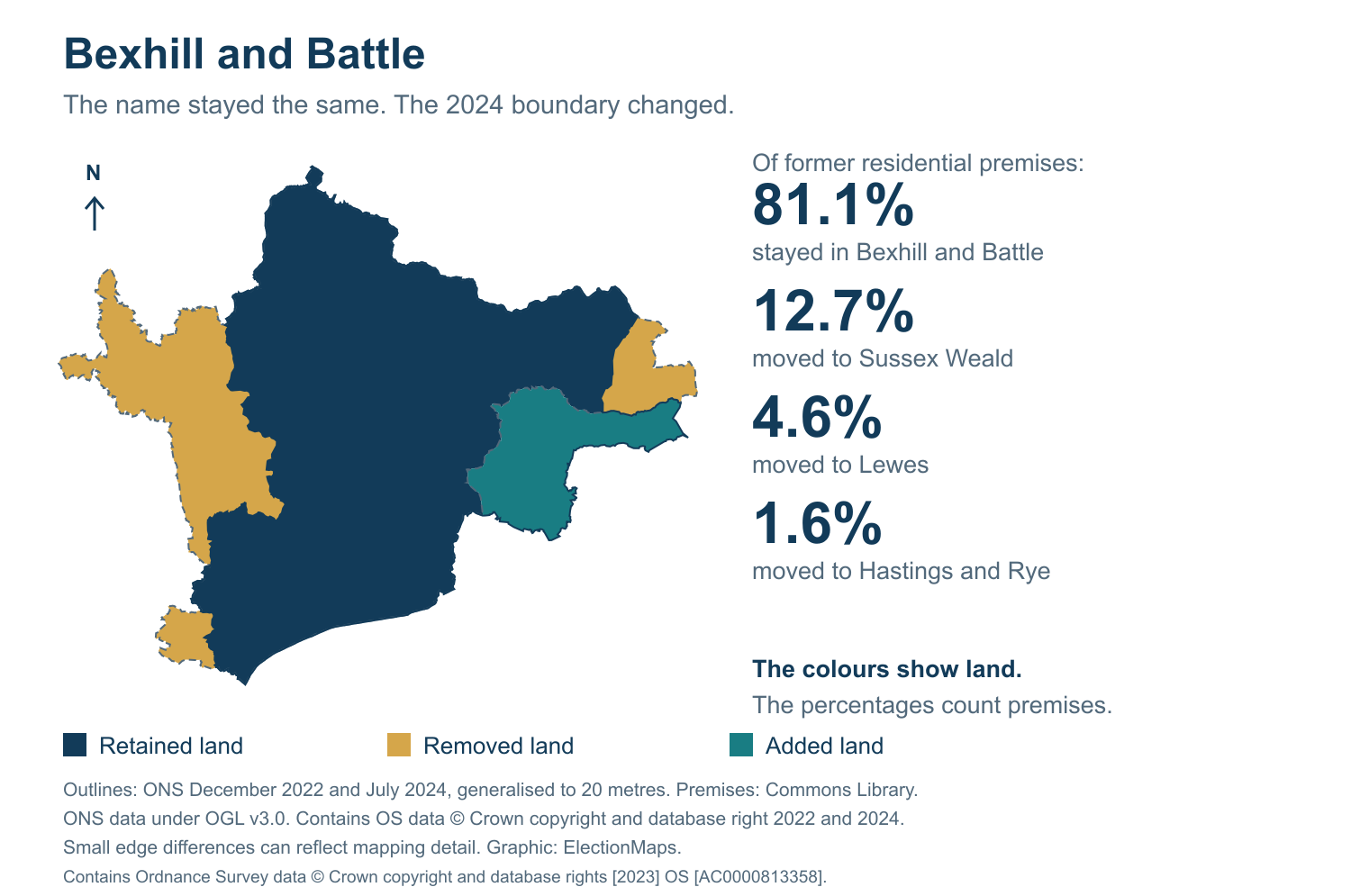 Bexhill and Battle: 2019 and 2024 constituency boundary comparison with Bexhill and Battle