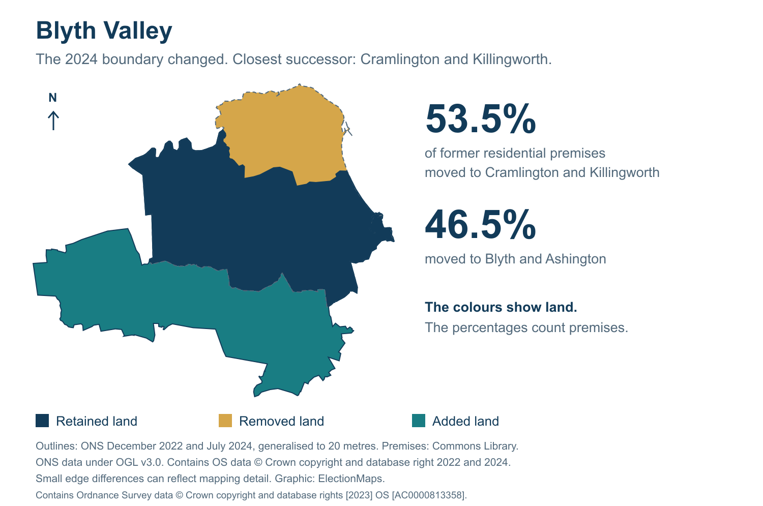 Blyth Valley: 2019 and 2024 constituency boundary comparison with Cramlington and Killingworth