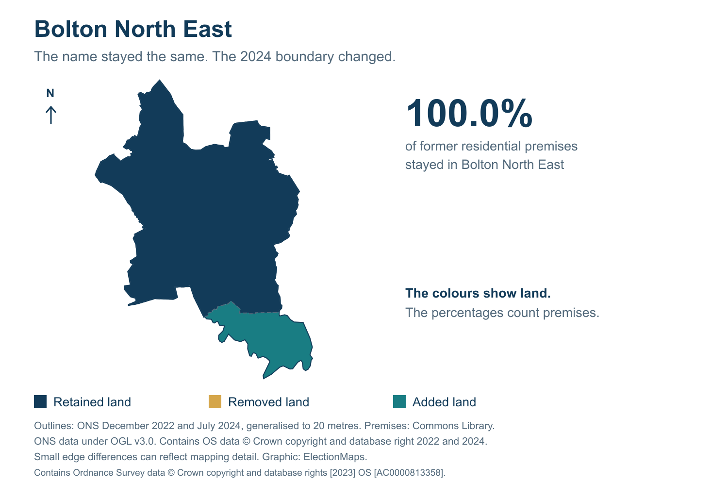 Bolton North East: 2019 and 2024 constituency boundary comparison with Bolton North East