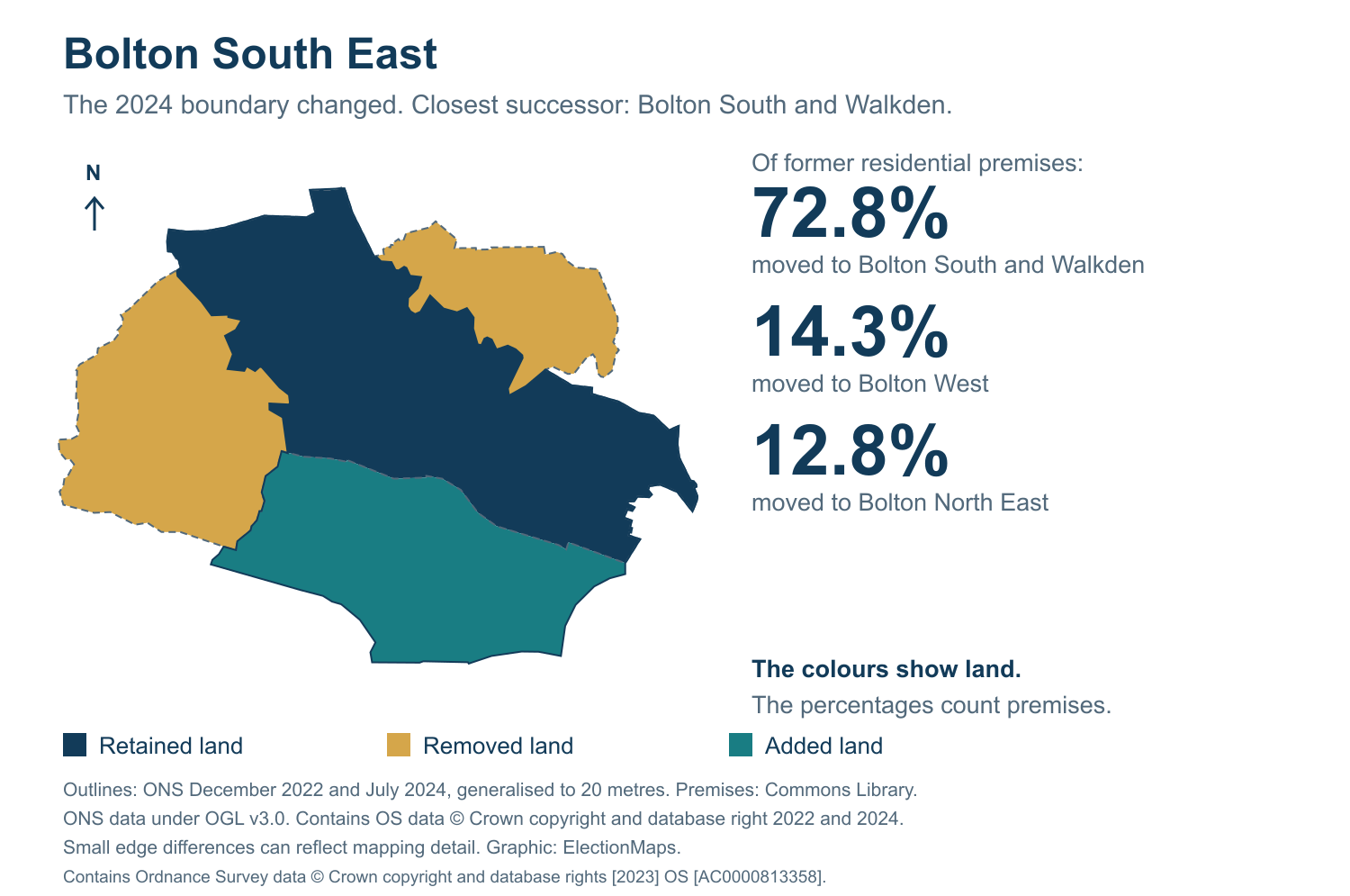 Bolton South East: 2019 and 2024 constituency boundary comparison with Bolton South and Walkden