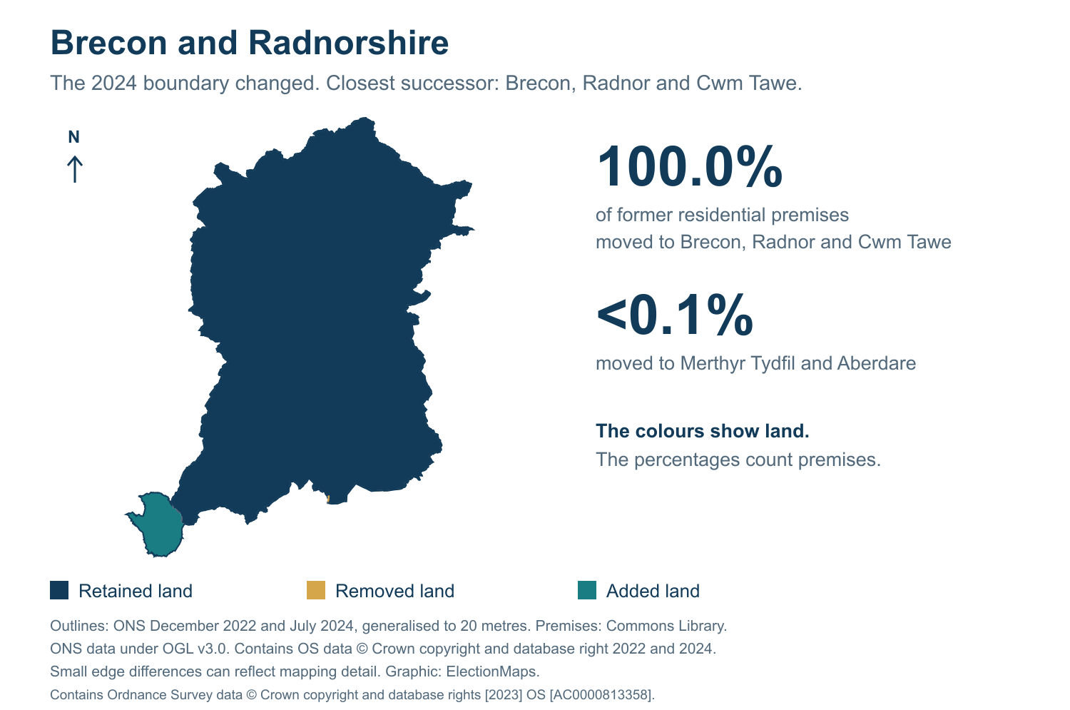 Brecon and Radnorshire: 2019 and 2024 constituency boundary comparison with Brecon, Radnor and Cwm Tawe