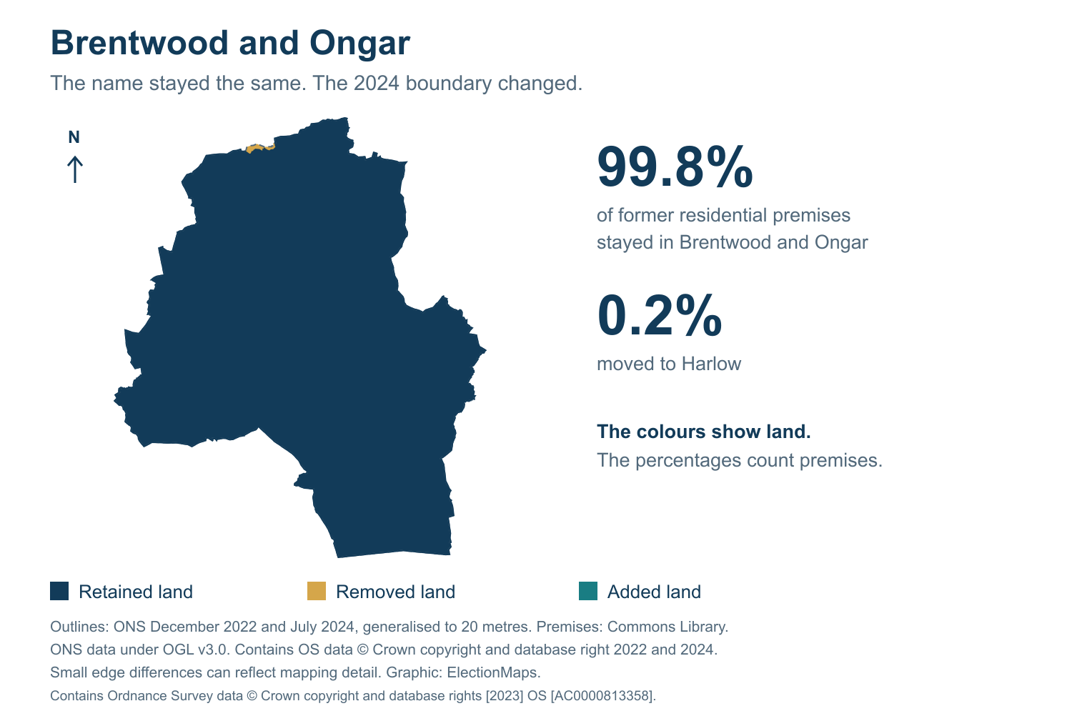 Brentwood and Ongar: 2019 and 2024 constituency boundary comparison with Brentwood and Ongar