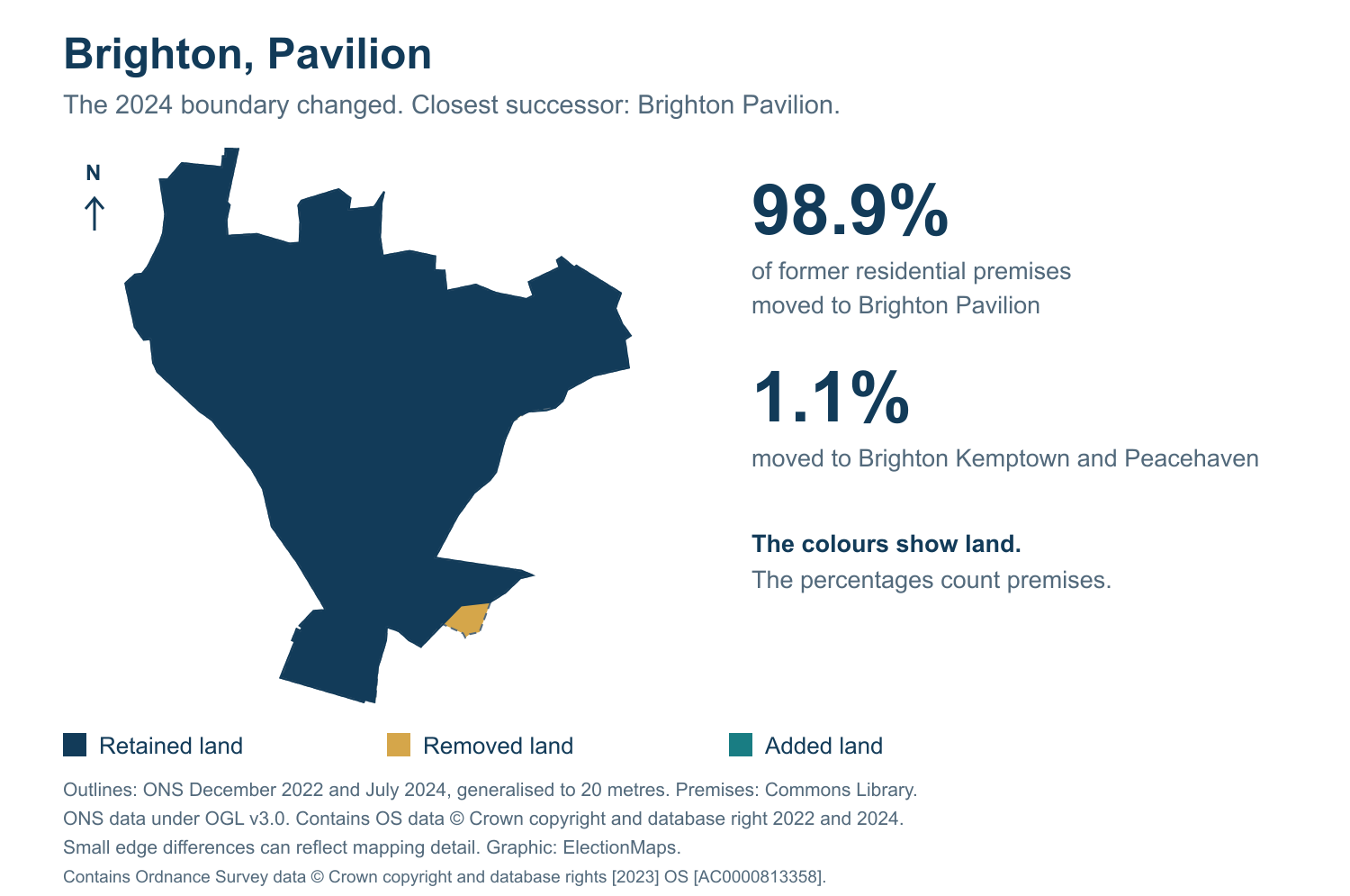Brighton, Pavilion: 2019 and 2024 constituency boundary comparison with Brighton Pavilion