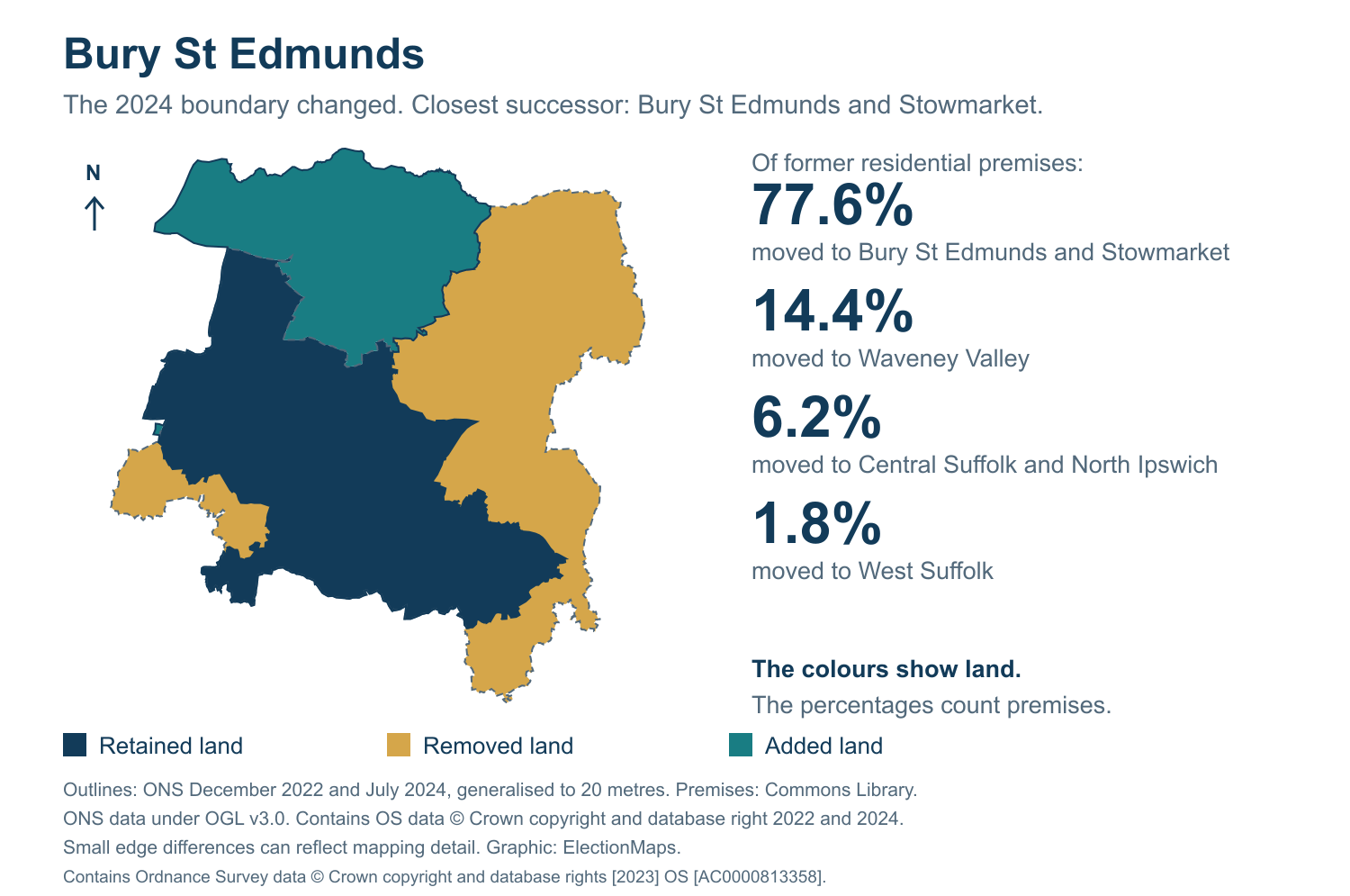 Bury St Edmunds: 2019 and 2024 constituency boundary comparison with Bury St Edmunds and Stowmarket