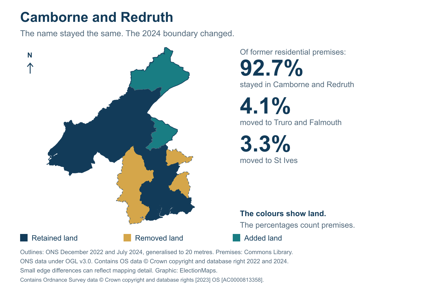 Camborne and Redruth: 2019 and 2024 constituency boundary comparison with Camborne and Redruth