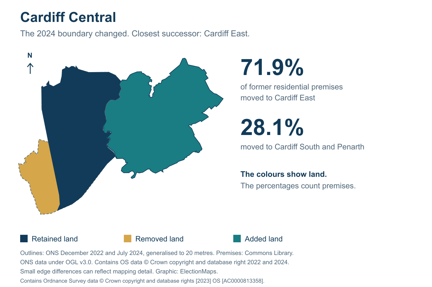 Cardiff Central: 2019 and 2024 constituency boundary comparison with Cardiff East