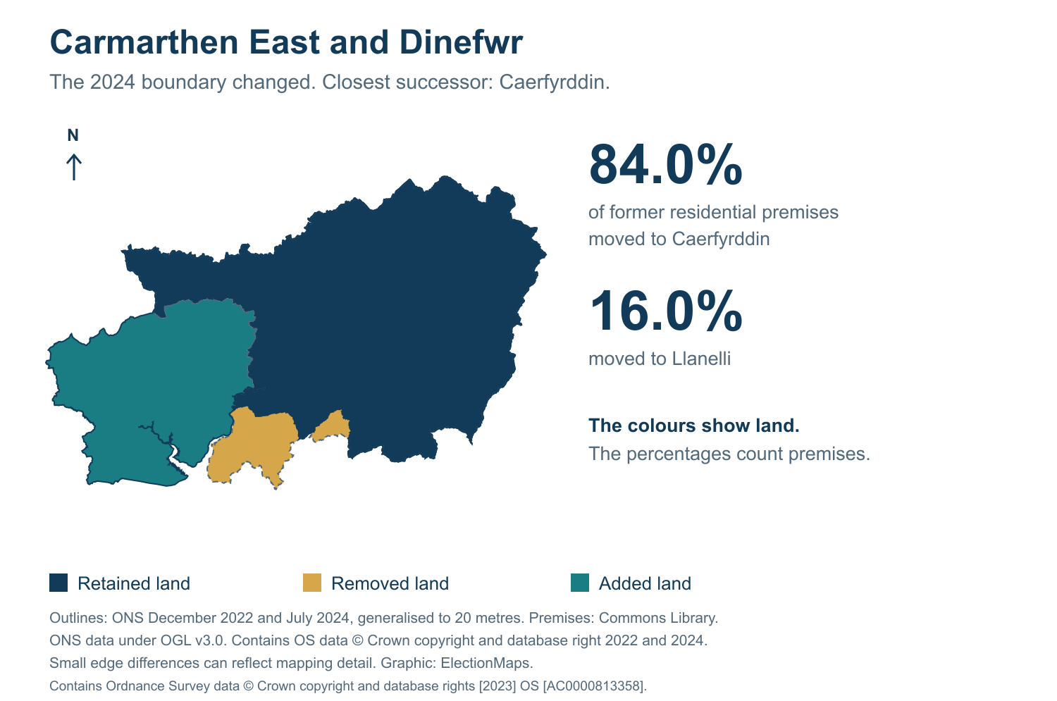 Carmarthen East and Dinefwr: 2019 and 2024 constituency boundary comparison with Caerfyrddin
