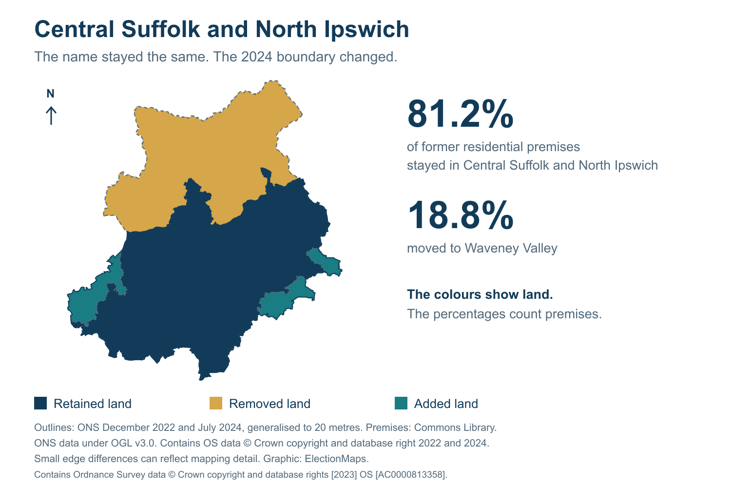 Central Suffolk and North Ipswich: 2019 and 2024 constituency boundary comparison with Central Suffolk and North Ipswich