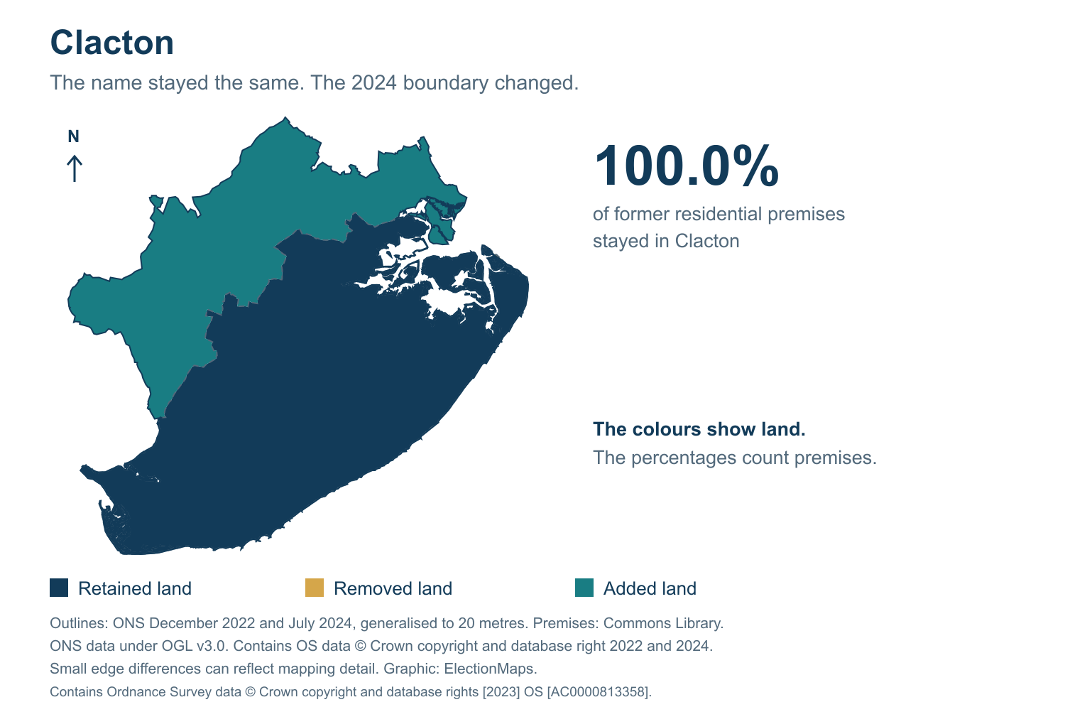 Clacton: 2019 and 2024 constituency boundary comparison with Clacton