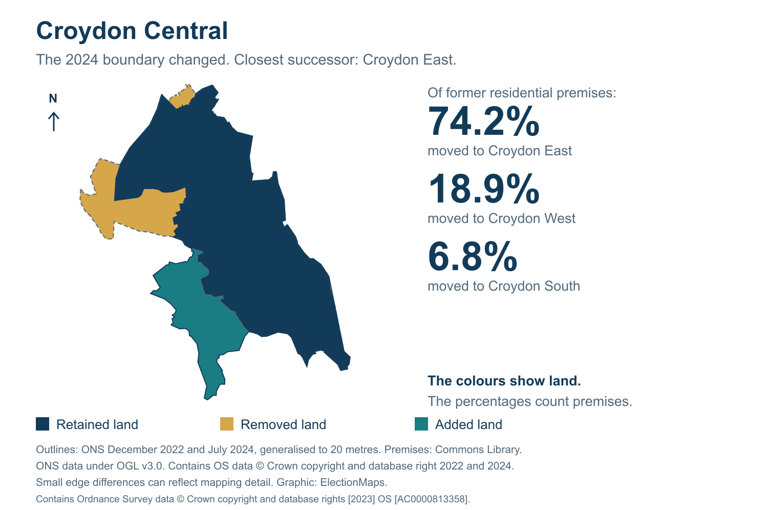 Croydon Central: 2019 and 2024 constituency boundary comparison with Croydon East
