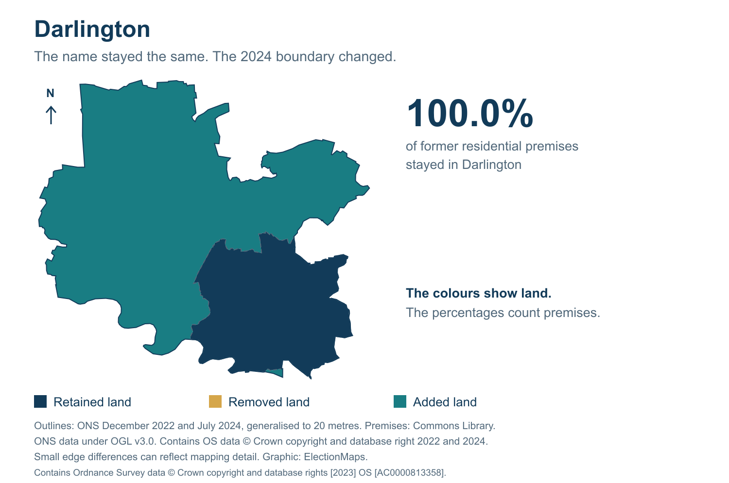 Darlington: 2019 and 2024 constituency boundary comparison with Darlington