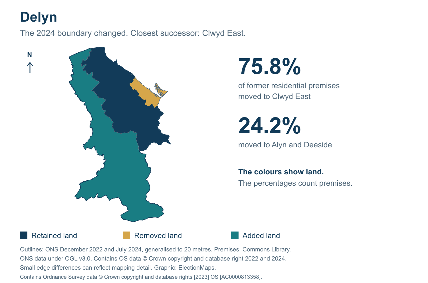 Delyn: 2019 and 2024 constituency boundary comparison with Clwyd East