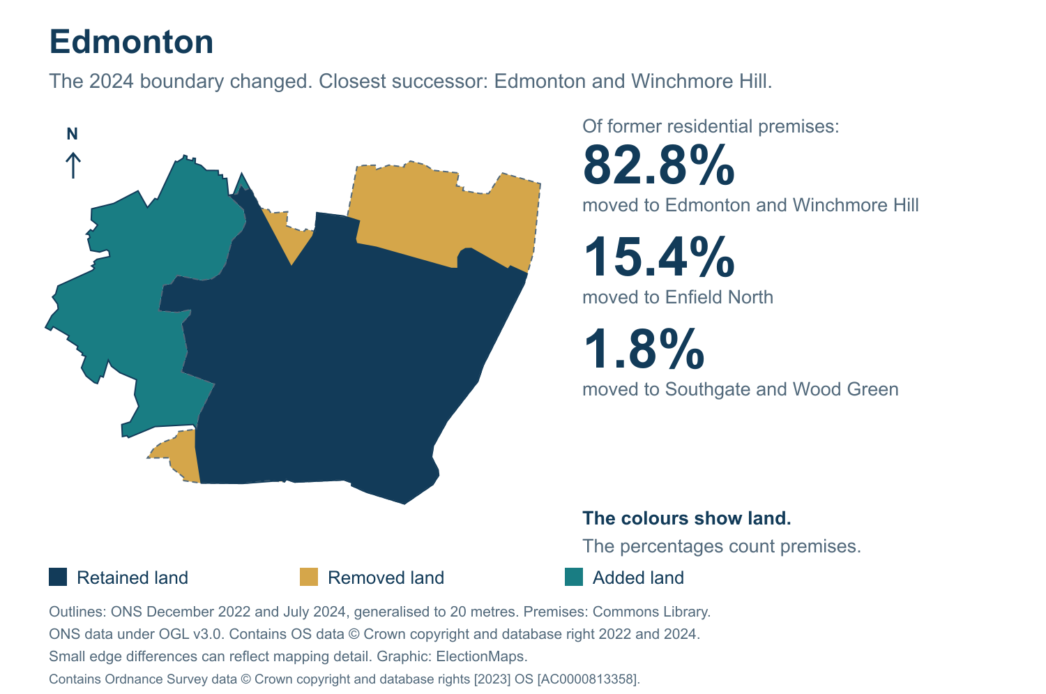 Edmonton: 2019 and 2024 constituency boundary comparison with Edmonton and Winchmore Hill