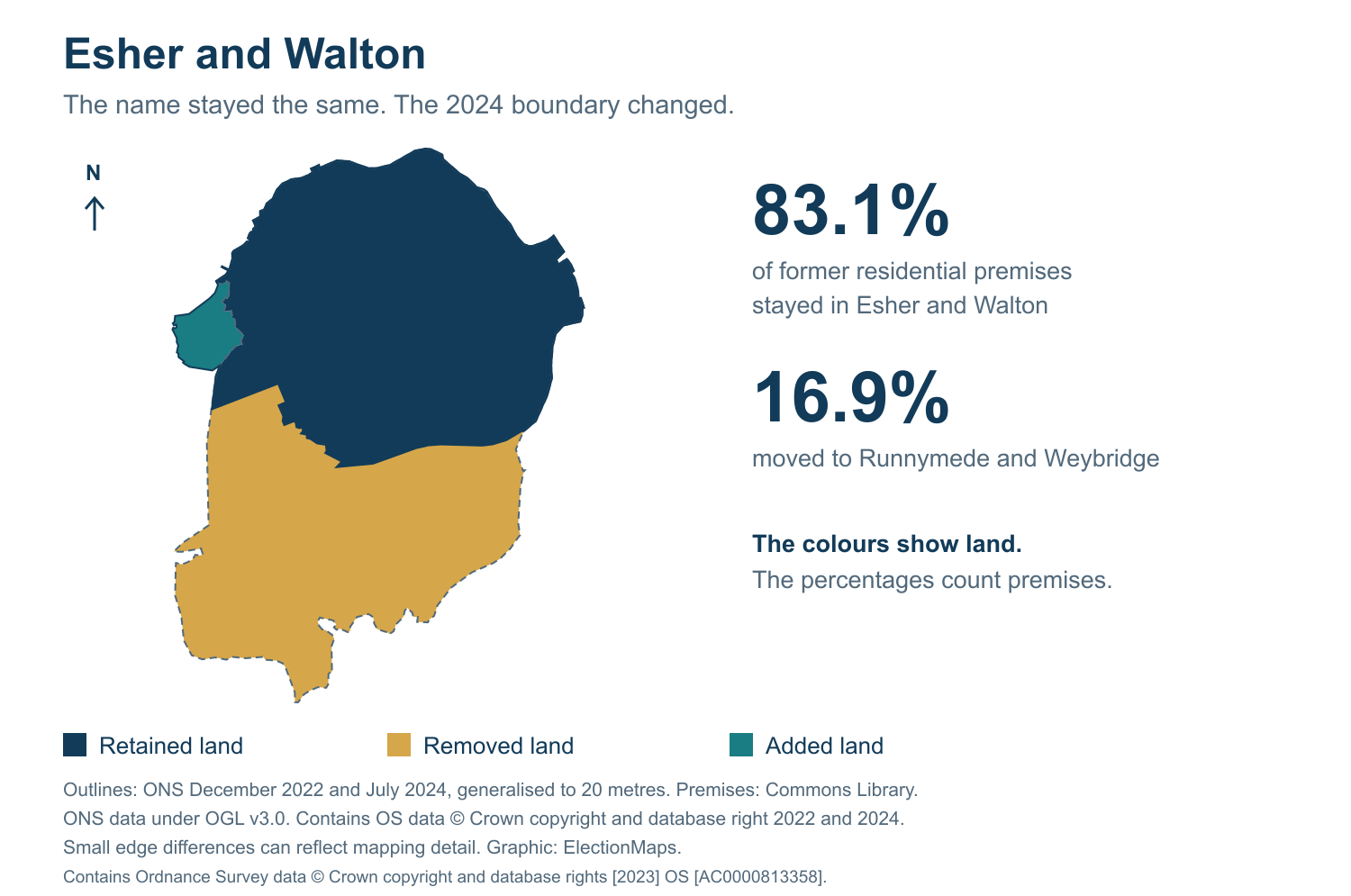 Esher and Walton: 2019 and 2024 constituency boundary comparison with Esher and Walton