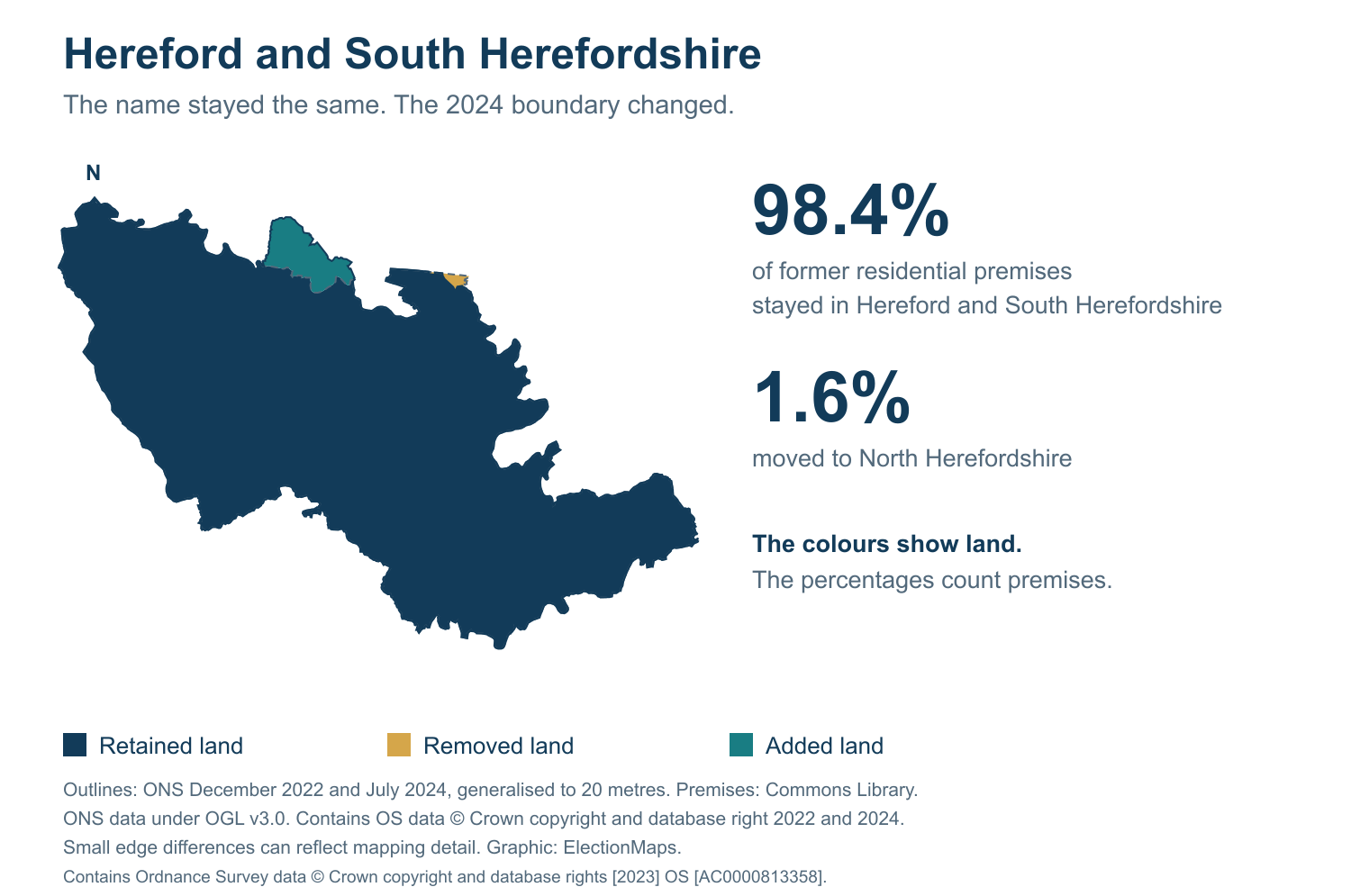 Hereford and South Herefordshire: 2019 and 2024 constituency boundary comparison with Hereford and South Herefordshire