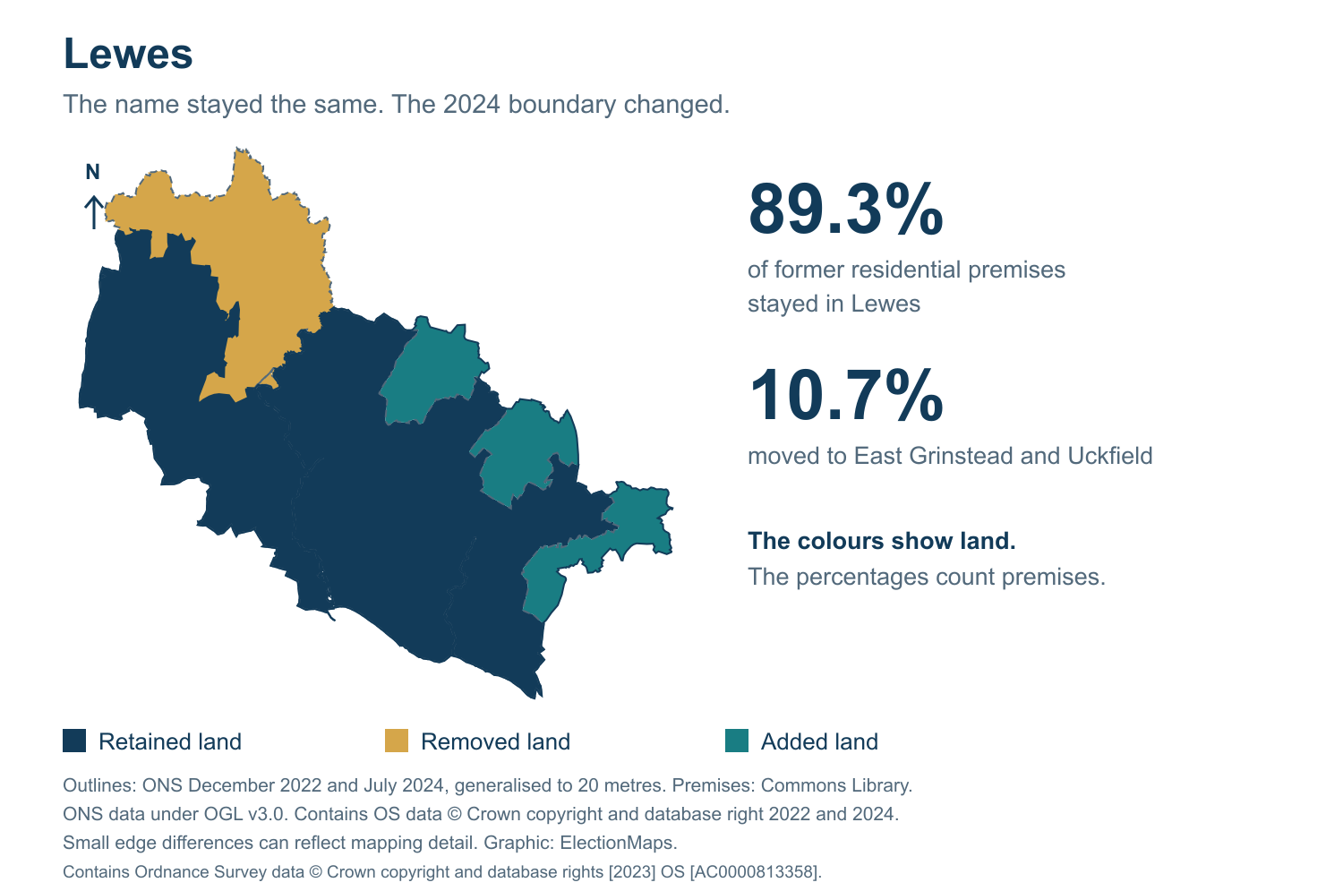 Lewes: 2019 and 2024 constituency boundary comparison with Lewes