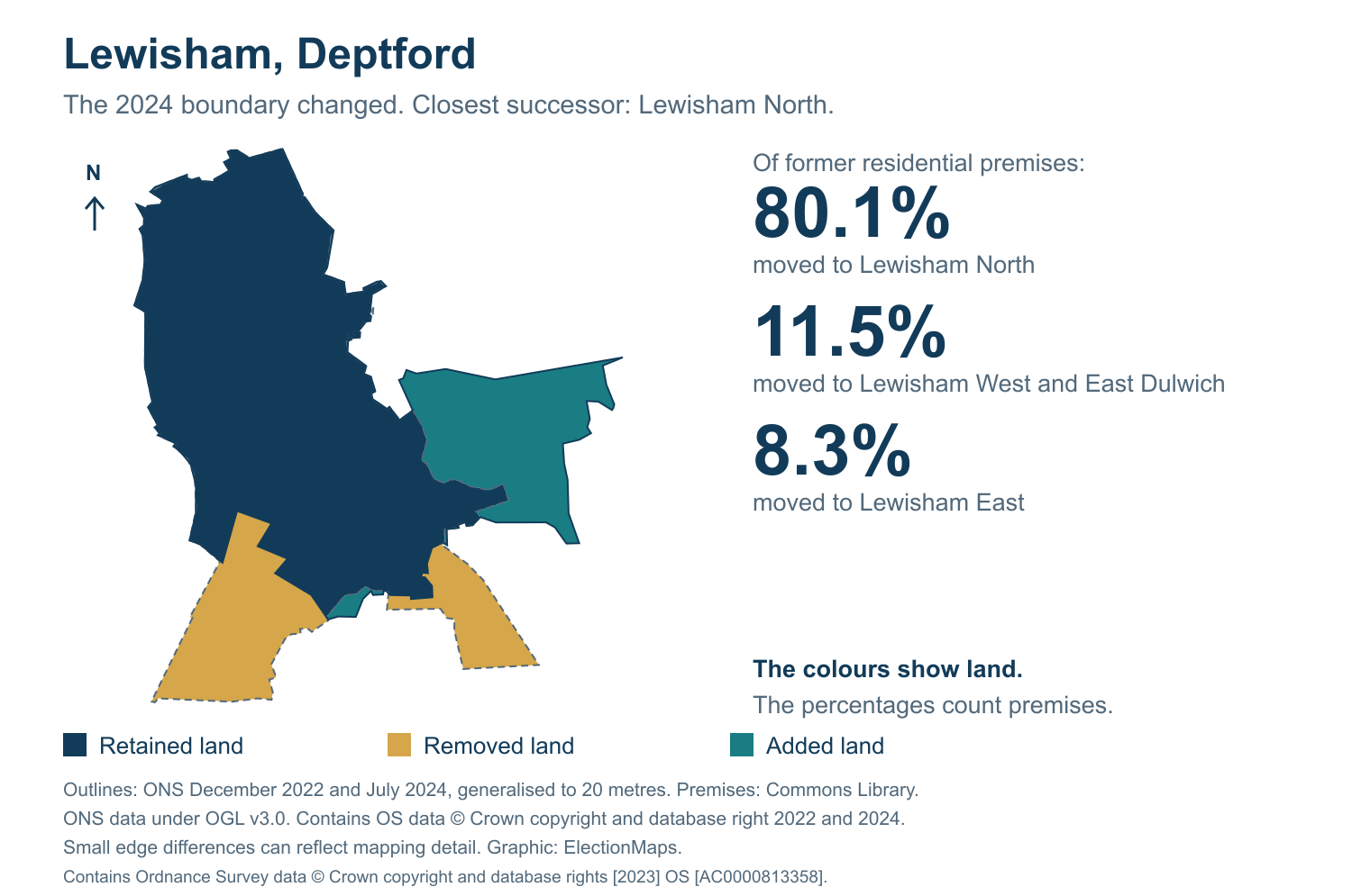 Lewisham, Deptford: 2019 and 2024 constituency boundary comparison with Lewisham North