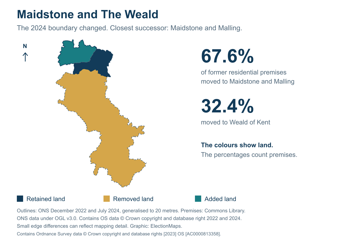 Maidstone and The Weald: 2019 and 2024 constituency boundary comparison with Maidstone and Malling