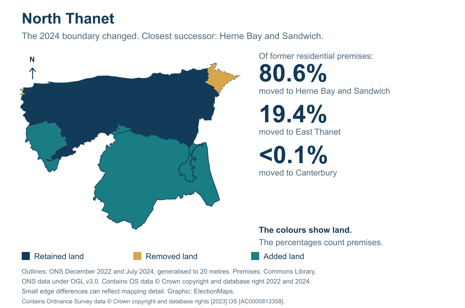North Thanet: 2019 and 2024 constituency boundary comparison with Herne Bay and Sandwich