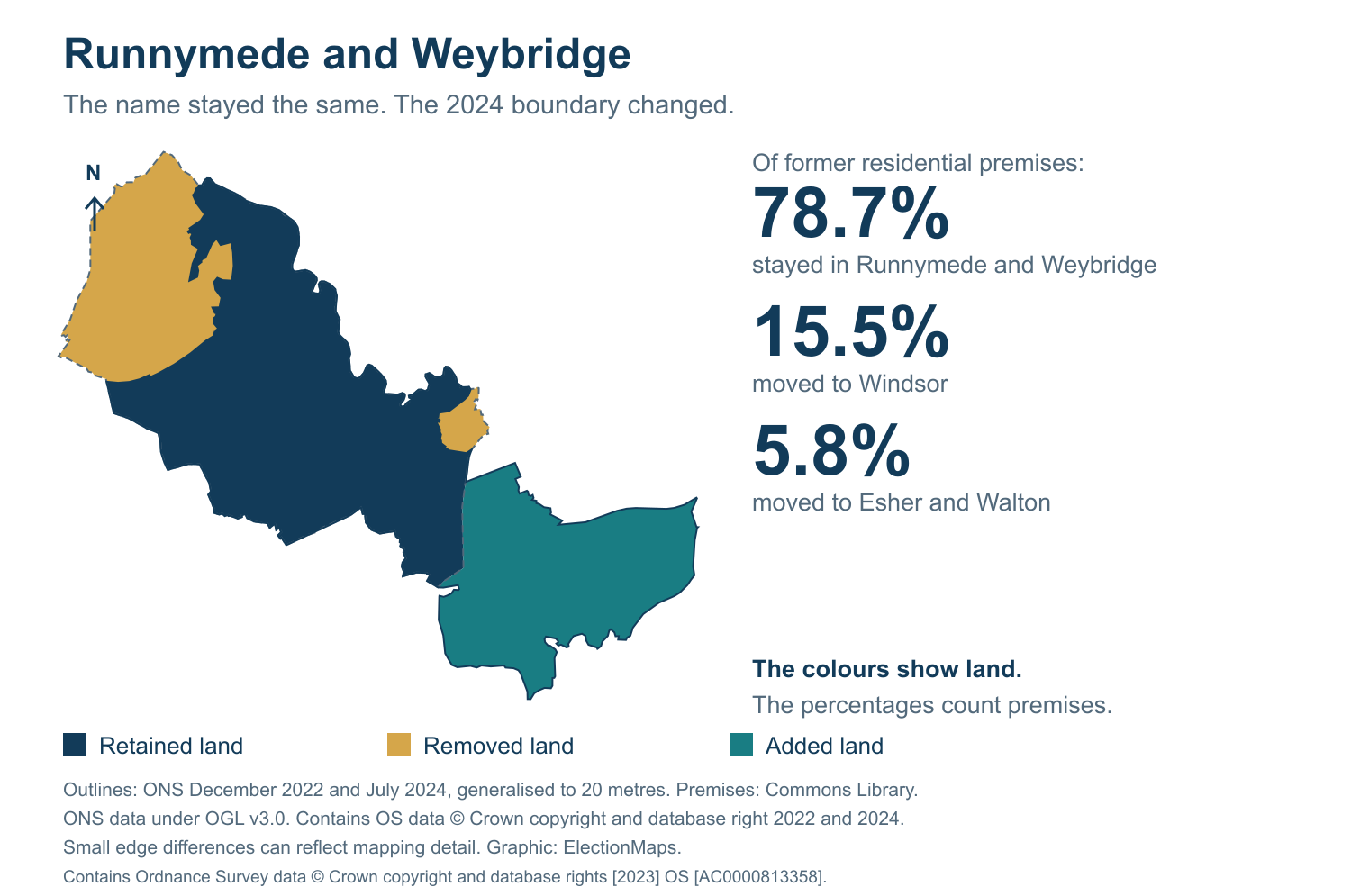 Runnymede and Weybridge: 2019 and 2024 constituency boundary comparison with Runnymede and Weybridge
