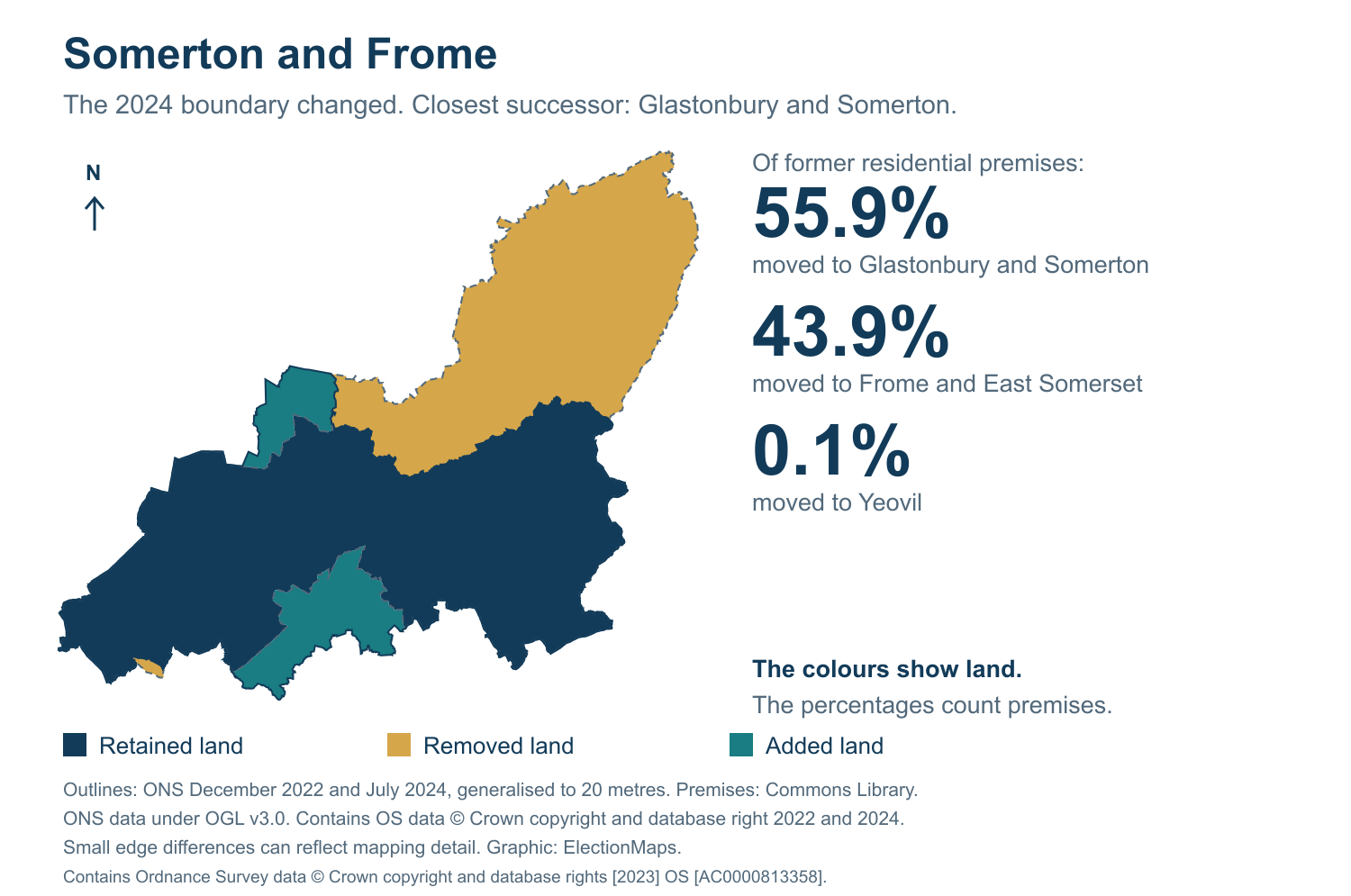 Somerton and Frome: 2019 and 2024 constituency boundary comparison with Glastonbury and Somerton