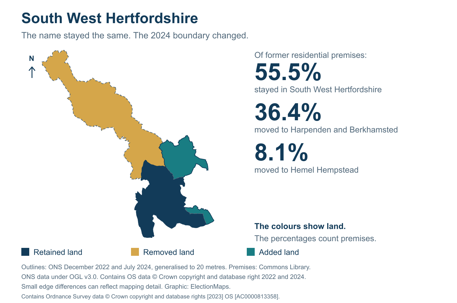 South West Hertfordshire: 2019 and 2024 constituency boundary comparison with South West Hertfordshire