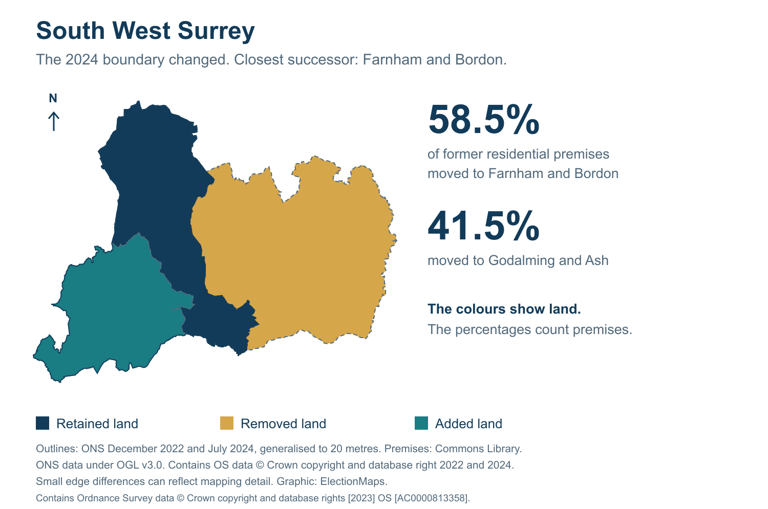 South West Surrey: 2019 and 2024 constituency boundary comparison with Farnham and Bordon