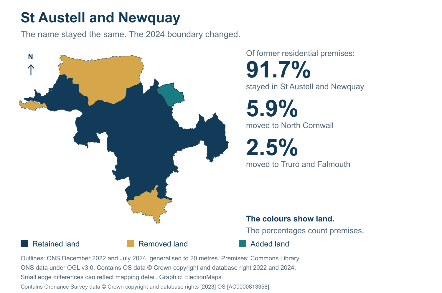 St Austell and Newquay: 2019 and 2024 constituency boundary comparison with St Austell and Newquay