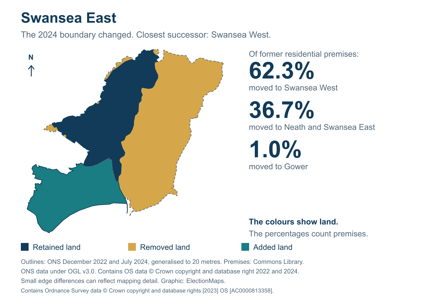 Swansea East: 2019 and 2024 constituency boundary comparison with Swansea West