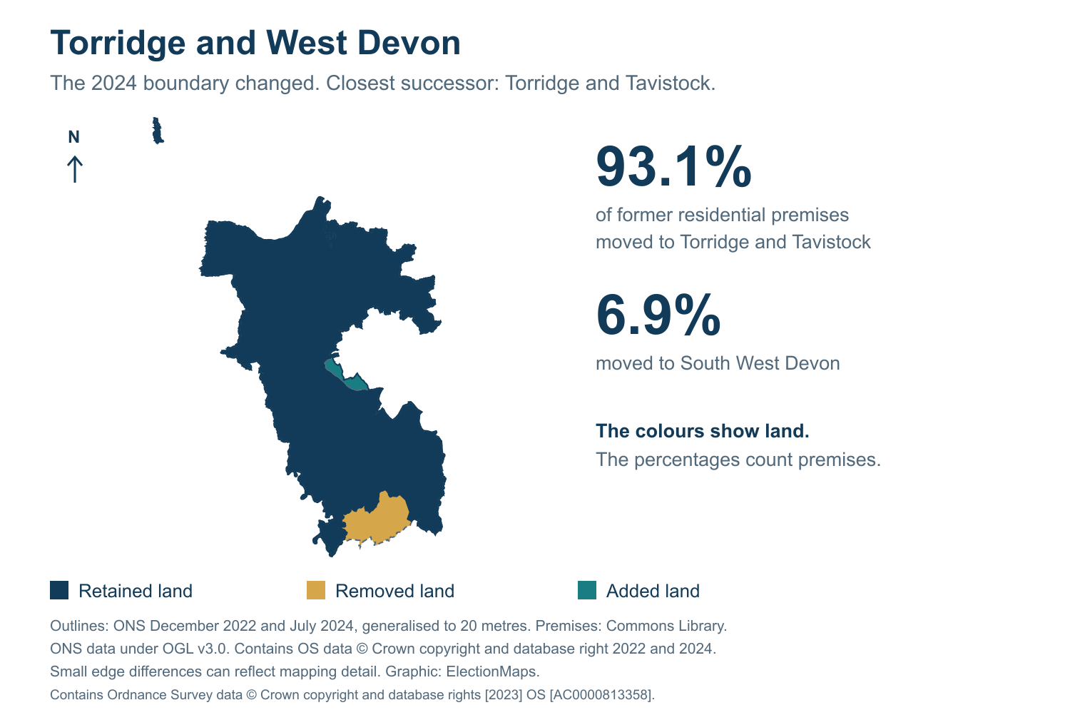 Torridge and West Devon: 2019 and 2024 constituency boundary comparison with Torridge and Tavistock