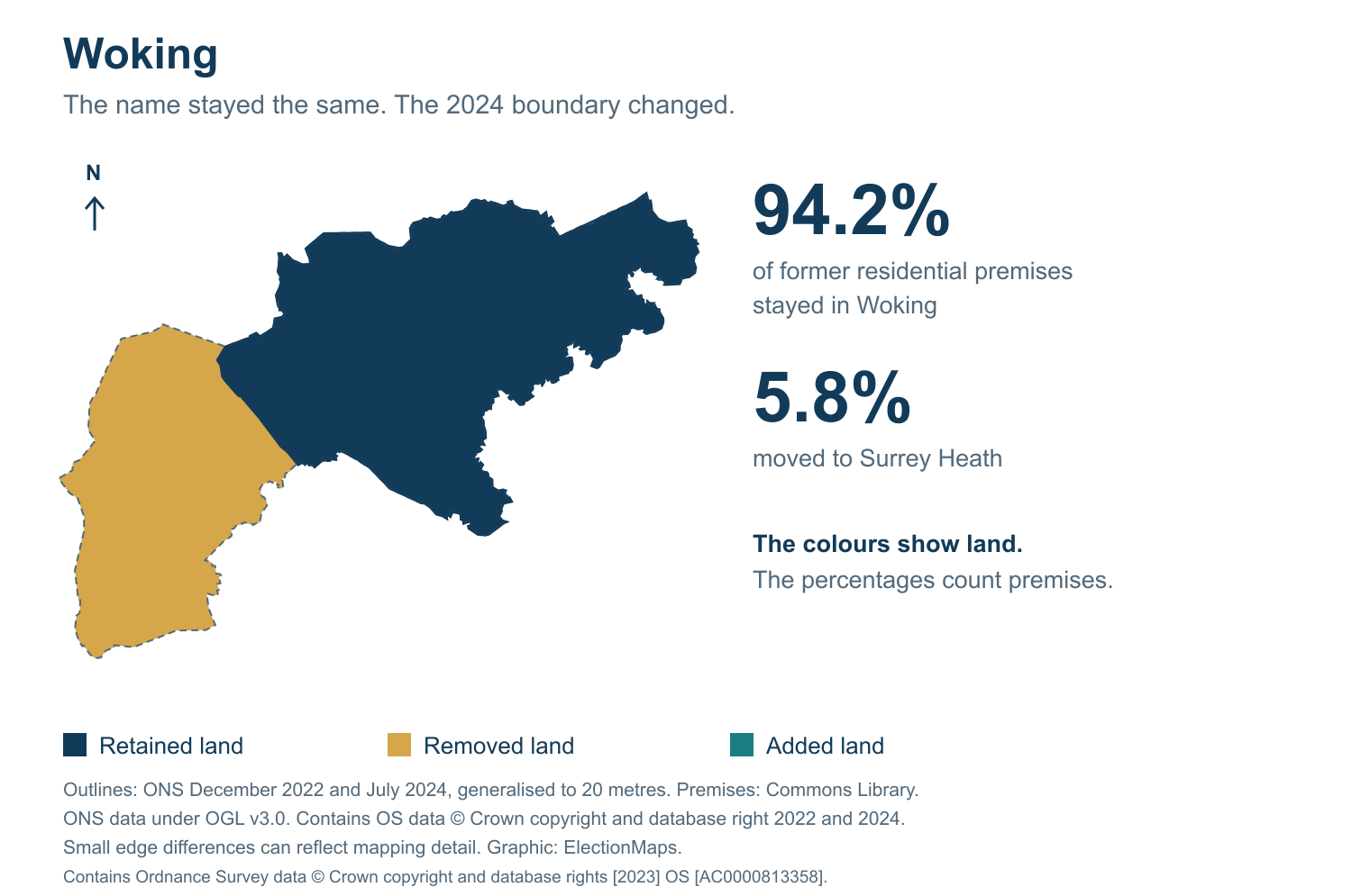 Woking: 2019 and 2024 constituency boundary comparison with Woking