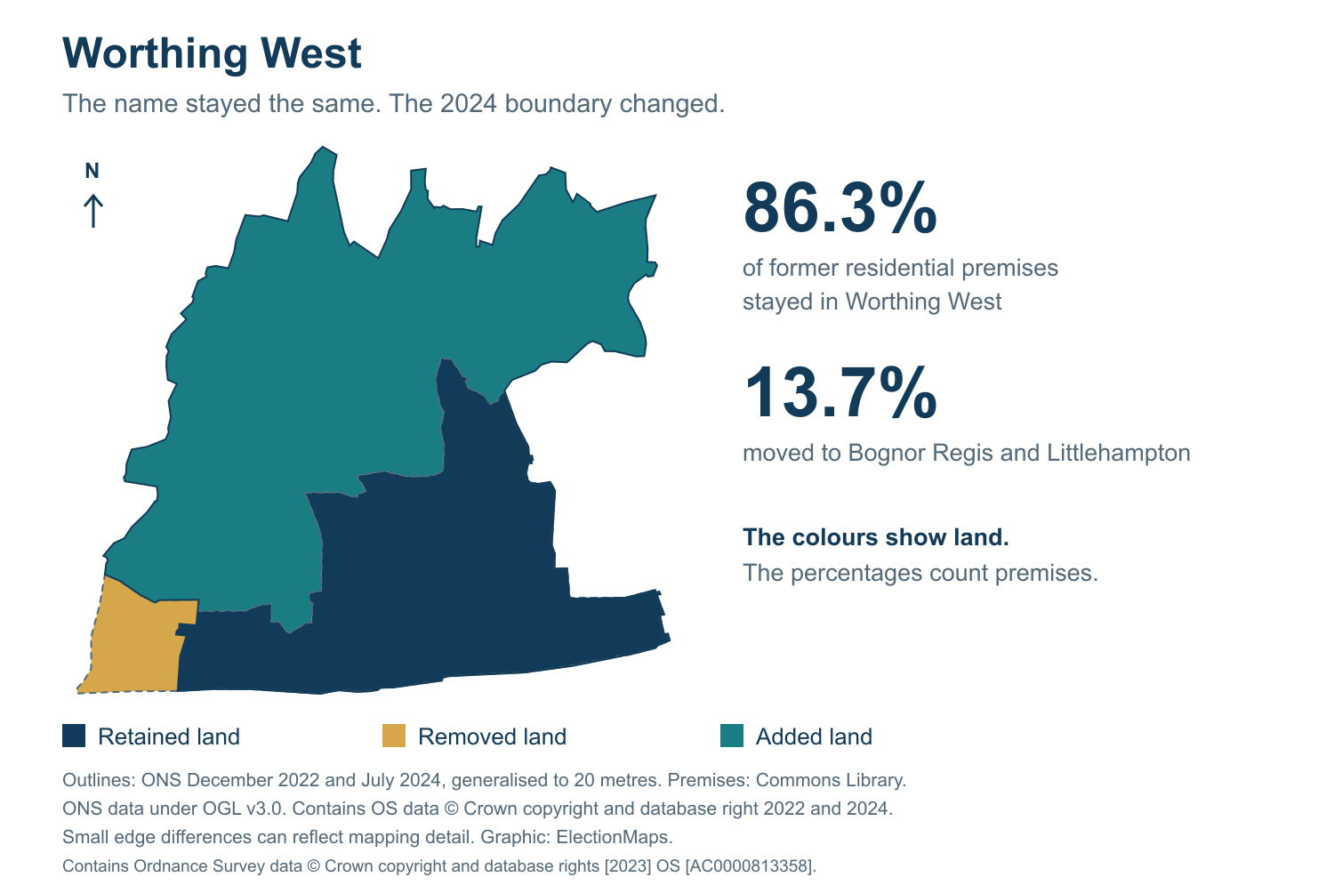 Worthing West: 2019 and 2024 constituency boundary comparison with Worthing West